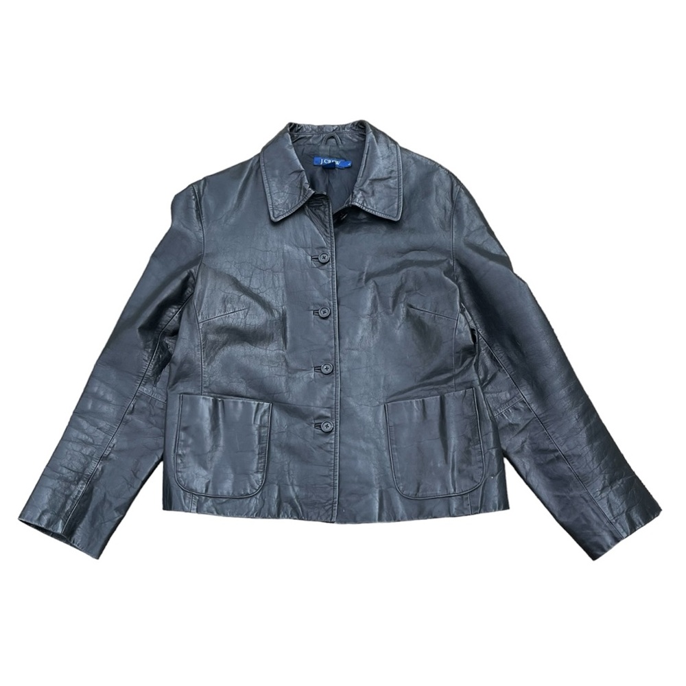 Vintage J. Crew Black Leather Distressed Button Up Jacket Coat Size Large